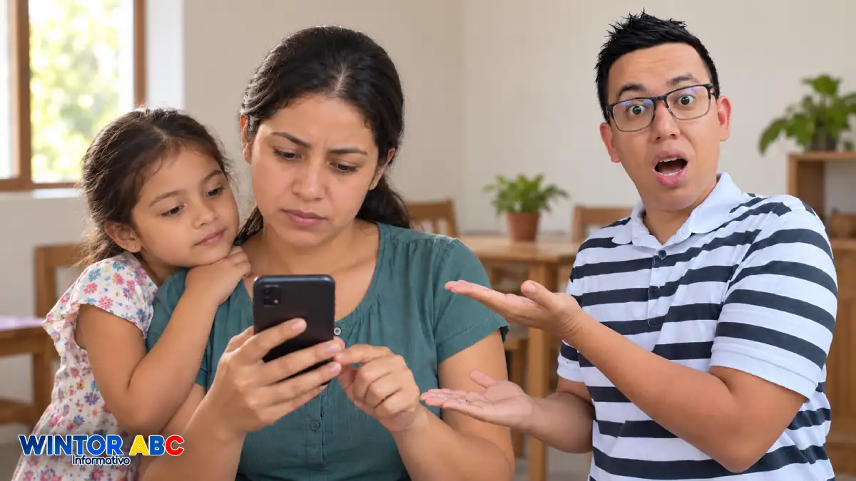 Madre preocupada revisa su celular junto a su hija, con el presentador de Wintor ABC al lado.