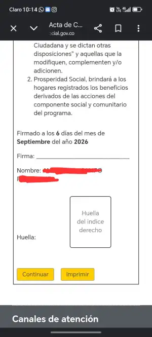 Cómo firmar el acta de Renta Ciudadana 2026: plazo, link y qué pasa si no se firma 3 Parte final del acta de Renta Ciudadana con los botones Continuar e Imprimir.