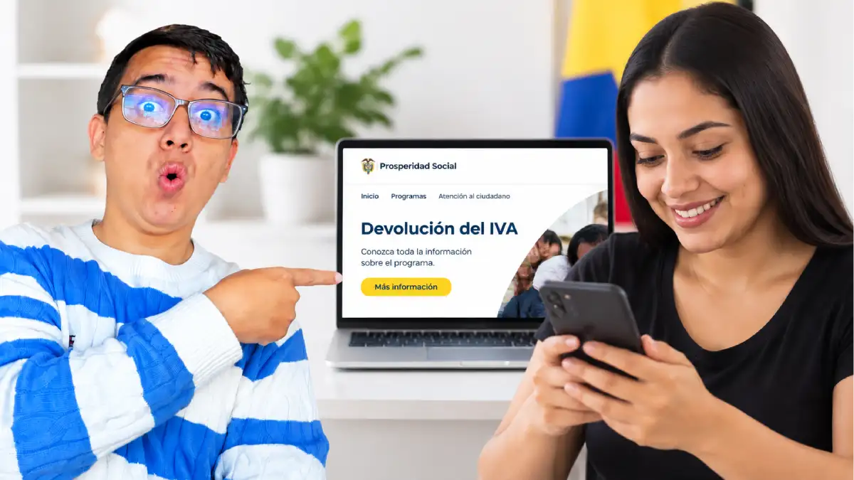 Devolución del IVA: mujer consulta información del programa en su celular junto a un computador con la página oficial