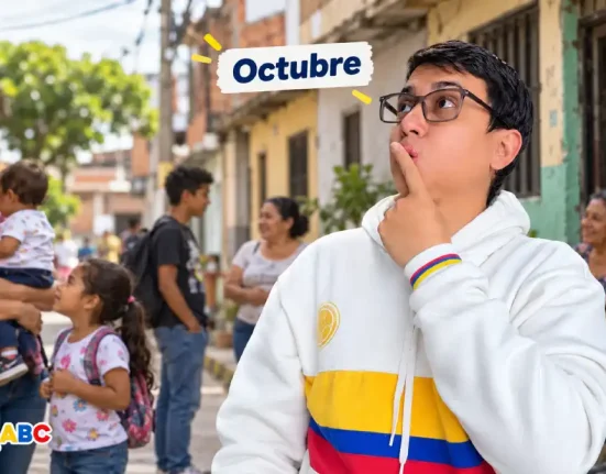 Wintor ABC mira el rótulo «Octubre», con madres, niños, jóvenes y adultos mayores en una calle de barrio.