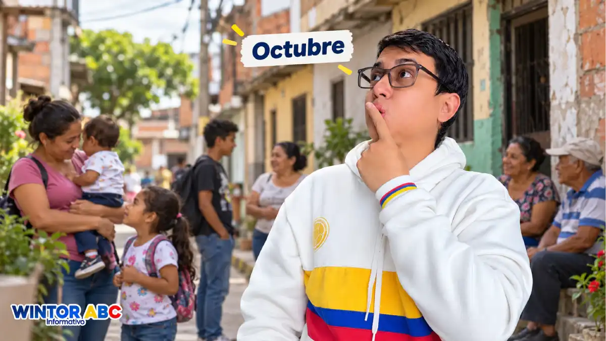 Wintor ABC mira el rótulo «Octubre», con madres, niños, jóvenes y adultos mayores en una calle de barrio.