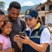 Familia damnificada consulta información sobre ayuda económica y pagos de la UNGRD tras terremoto.