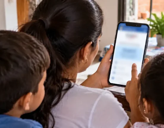 Madre junto a sus dos hijos revisa un celular con la pantalla desenfocada.