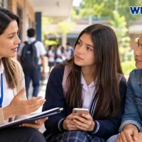 Docente orienta a estudiante sobre prevención de riesgos y protección en entornos digitales