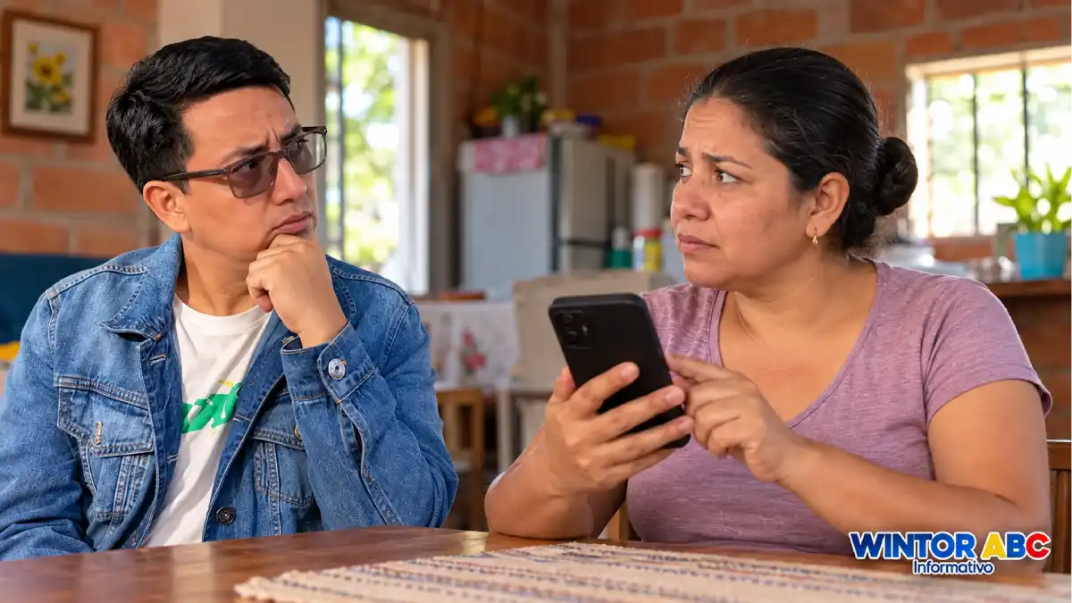 Hombre con gesto pensativo y mujer que revisa su celular en un hogar, en una composición sobre la Línea de Emergencias de Renta Ciudadana.