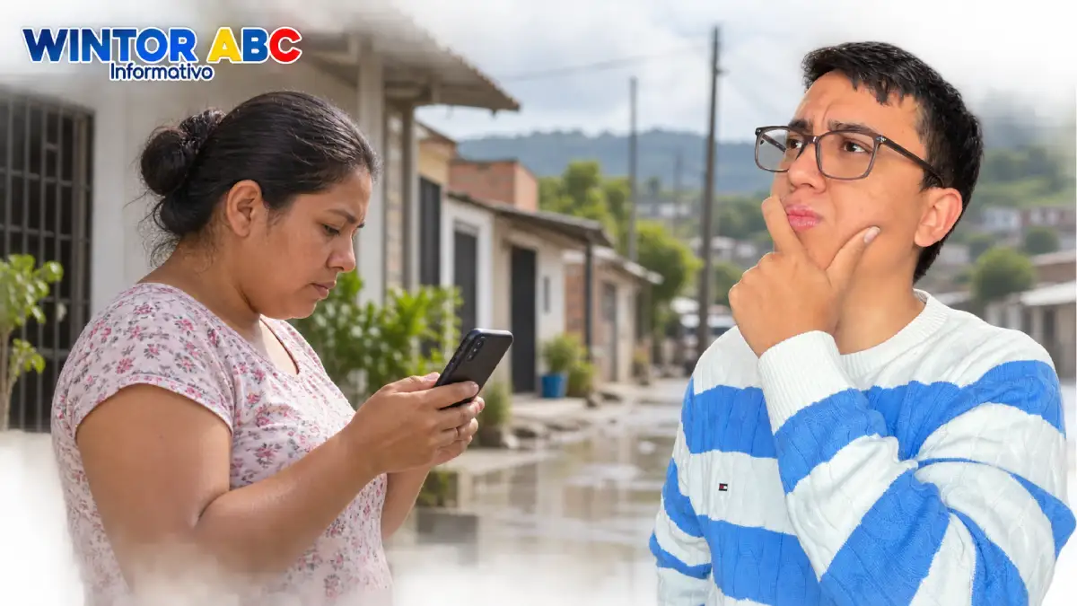Mujer consulta su celular junto a una composición del presentador de Wintor ABC.