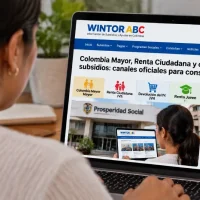 Mujer colombiana consulta información sobre subsidios mediante canales oficiales en su celular