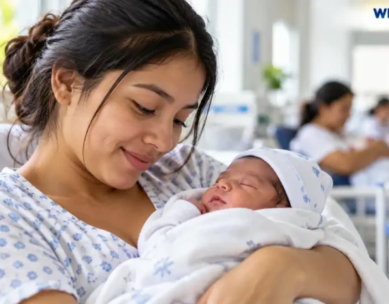 Madre sostiene a su bebé recién nacido en una sala de maternidad de Colombia, en imagen informativa sobre nacimientos y estadísticas vitales del DANE.
