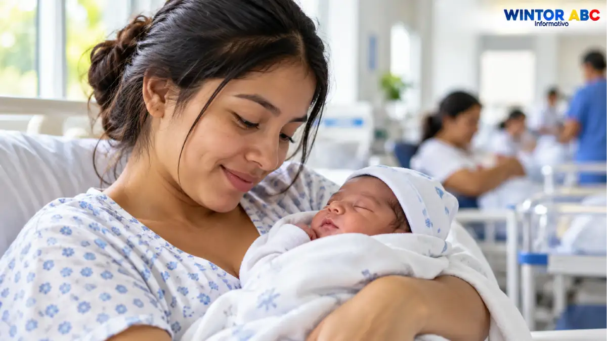 Madre sostiene a su bebé recién nacido en una sala de maternidad de Colombia, en imagen informativa sobre nacimientos y estadísticas vitales del DANE.