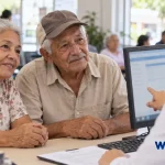 Colombia Mayor 2026: consulte requisitos, pagos y novedades del subsidio 3 Dos adultos mayores reciben orientación de una funcionaria en una oficina de atención.