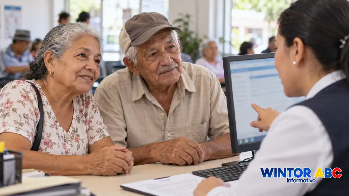 Dos adultos mayores reciben orientación de una funcionaria en una oficina de atención.