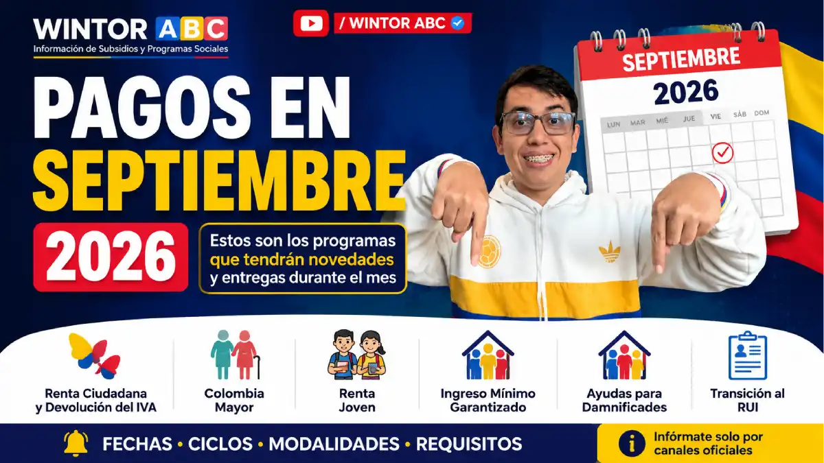 Pagos en septiembre 2026: estos son los subsidios que tendrán novedades y entregas 1 Pagos en septiembre 2026 de Renta Ciudadana, Colombia Mayor, Renta Joven, Ingreso Mínimo Garantizado y ayudas para damnificados