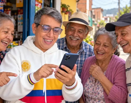 Wintor ABC con apariencia envejecida comparte una noticia en el celular con adultos mayores felices en un barrio popular.
