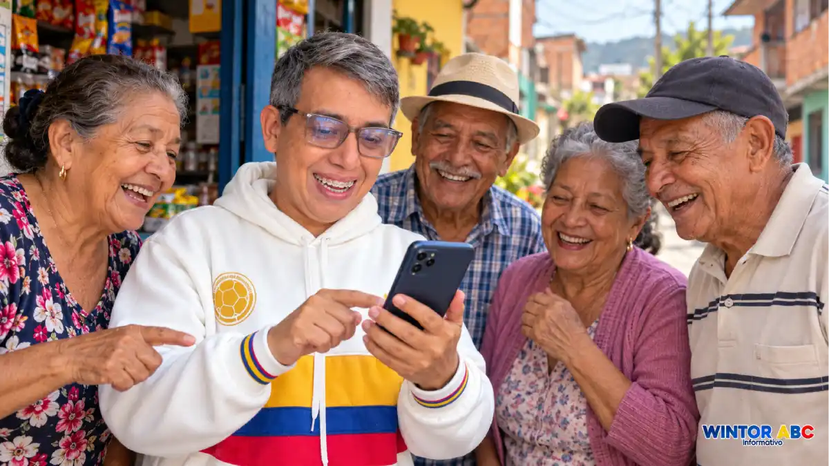 Wintor ABC con apariencia envejecida comparte una noticia en el celular con adultos mayores felices en un barrio popular.