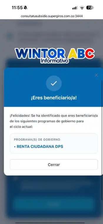 Nuevo link de SuperGIROS: consulte si tiene un subsidio disponible 3 Resultado de consulta de subsidios en SuperGIROS.