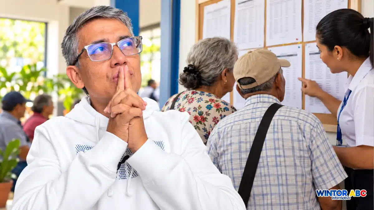 Wintor ABC envejecido junto a adultos mayores que revisan avisos en una oficina municipal.
