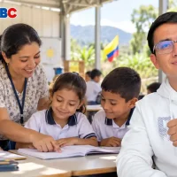 Wintor ABC junto a una docente y niños con cuadernos en un aula temporal.