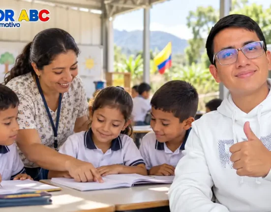 Wintor ABC junto a una docente y niños con cuadernos en un aula temporal.