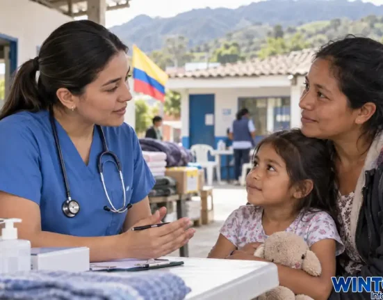 Ilustración de una profesional de salud que atiende a una madre y su hija en un punto de asistencia.
