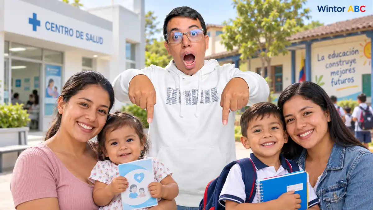 Wintor ABC señala a dos madres con sus hijos, con un centro de salud y una escuela al fondo.