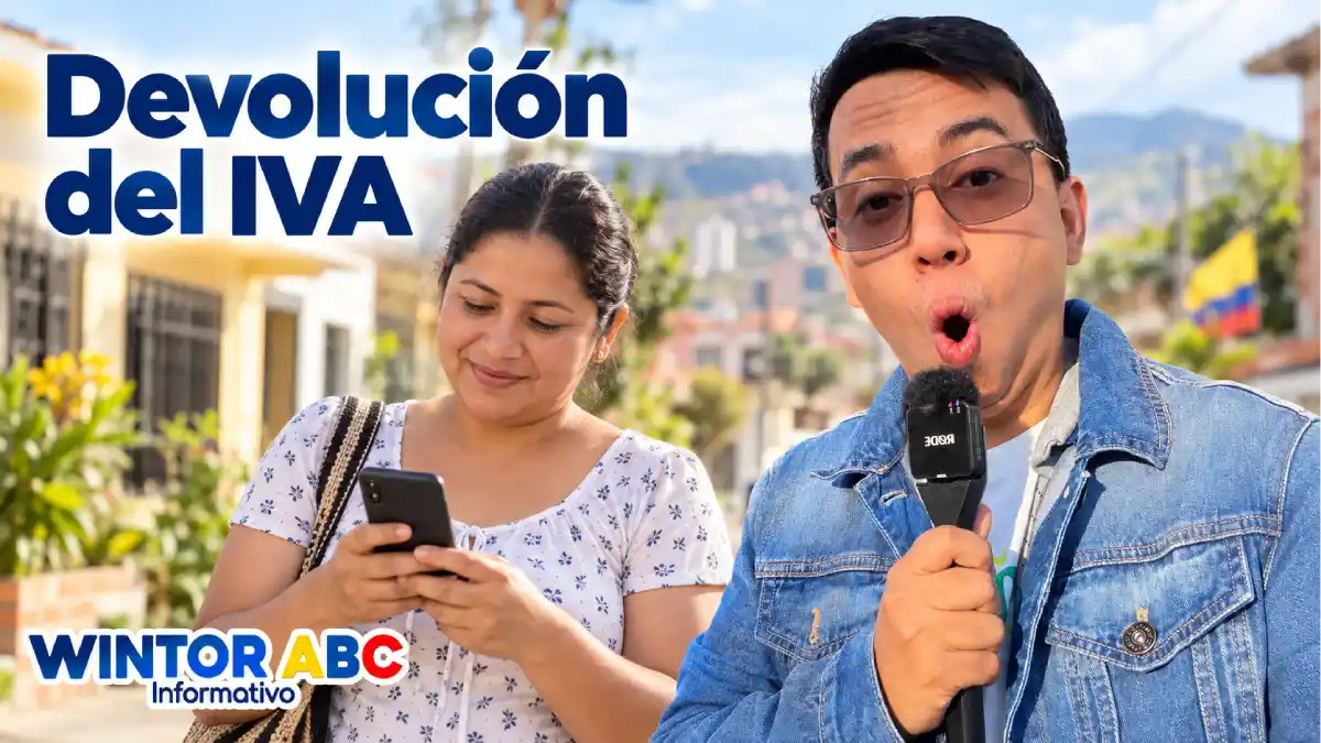Wintor ABC junto a una mujer que revisa su celular en una ilustración sobre la Devolución del IVA.