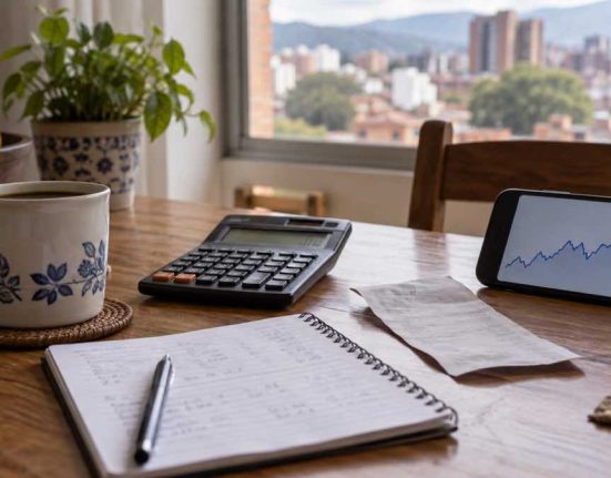 Calculadora, presupuesto familiar y gráfica cambiaria sobre una mesa en un hogar colombiano