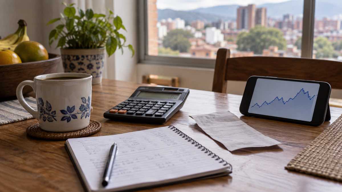 Dólar en Colombia: cómo afecta a las compras y las remesas 1 Calculadora, presupuesto familiar y gráfica cambiaria sobre una mesa en un hogar colombiano