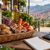 Canasta de alimentos básicos y calculadora en un mercado colombiano para organizar el presupuesto familiar