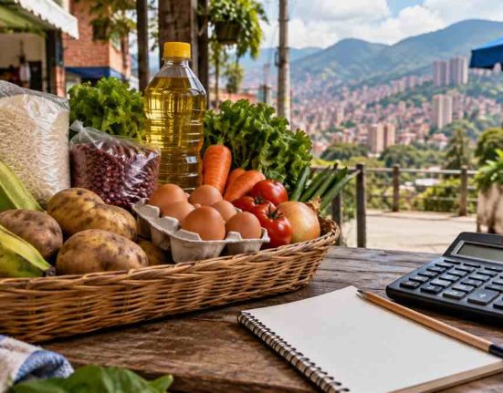 Canasta de alimentos básicos y calculadora en un mercado colombiano para organizar el presupuesto familiar