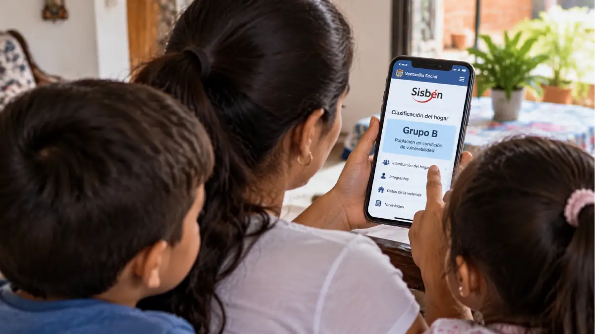 Madre consulta la clasificación del Sisbén en su celular junto a sus hijos