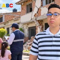 Wintor junto a una escena ilustrativa de atención a una familia y viviendas afectadas por un sismo.