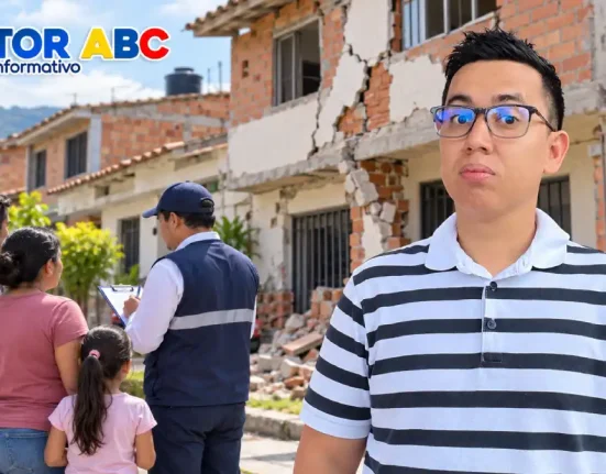 Wintor junto a una escena ilustrativa de atención a una familia y viviendas afectadas por un sismo.