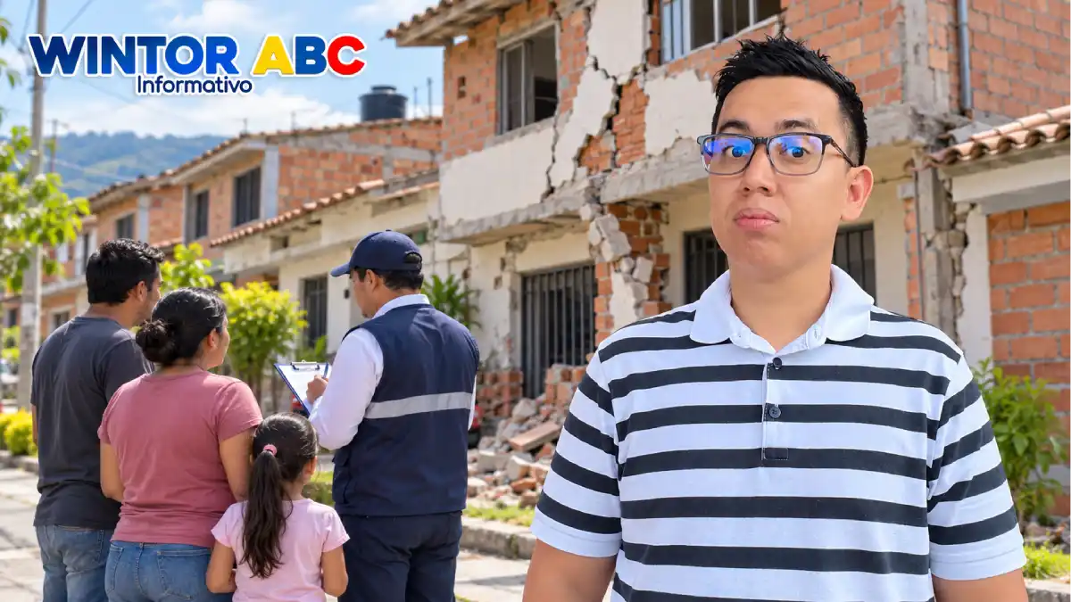 UNGRD actualiza el balance del RUD: 364.664 familias registradas tras el sismo 1 Wintor junto a una escena ilustrativa de atención a una familia y viviendas afectadas por un sismo.