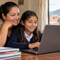 Madre e hija utilizan un computador portátil en su hogar en Bogotá, en el contexto del programa Conexión Social.