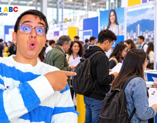 Personas con hojas de vida durante una feria de empleo en Bogotá.