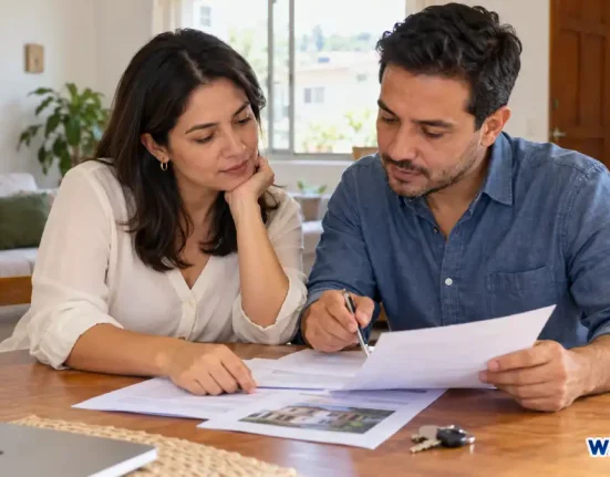 Pareja revisa documentos para comprar una vivienda usada.
