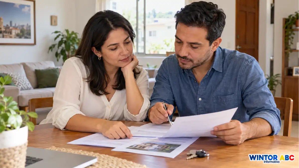 Crédito FNA para vivienda usada: condiciones para financiar hasta el 90 % 1 Pareja revisa documentos para comprar una vivienda usada.