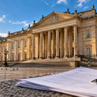 Ilustración del Capitolio Nacional de Colombia con documentos y un bolígrafo en primer plano.