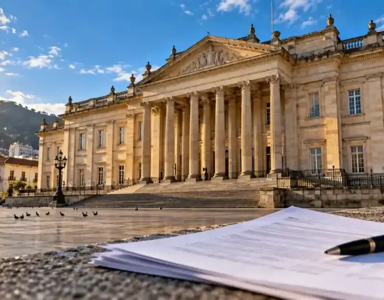 Ilustración del Capitolio Nacional de Colombia con documentos y un bolígrafo en primer plano.