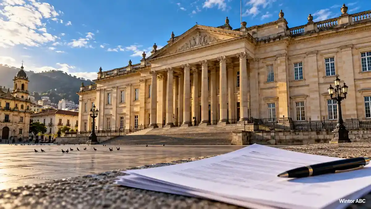 Ley de Rescate: Gobierno anuncia su presentación, ¿qué busca cambiar? 1 Ilustración del Capitolio Nacional de Colombia con documentos y un bolígrafo en primer plano.