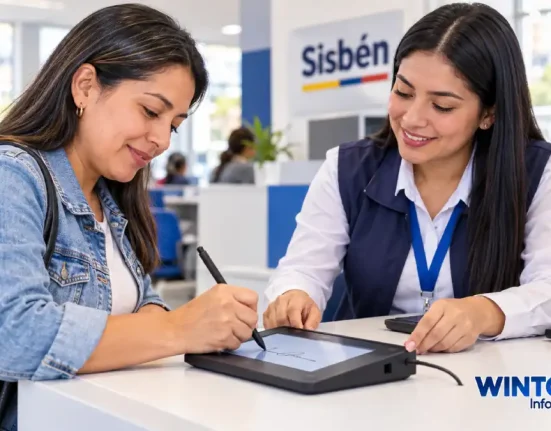 Persona firma una solicitud del Sisbén en un dispositivo electrónico en Bogotá.