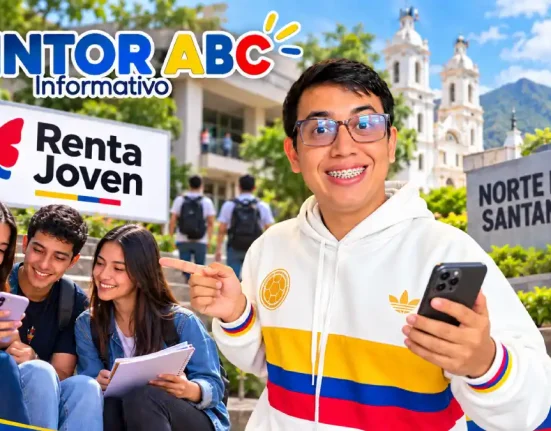 Wintor ABC señala a estudiantes universitarios mientras sostiene un celular, en una imagen sobre los pagos de Renta Joven en Norte de Santander.
