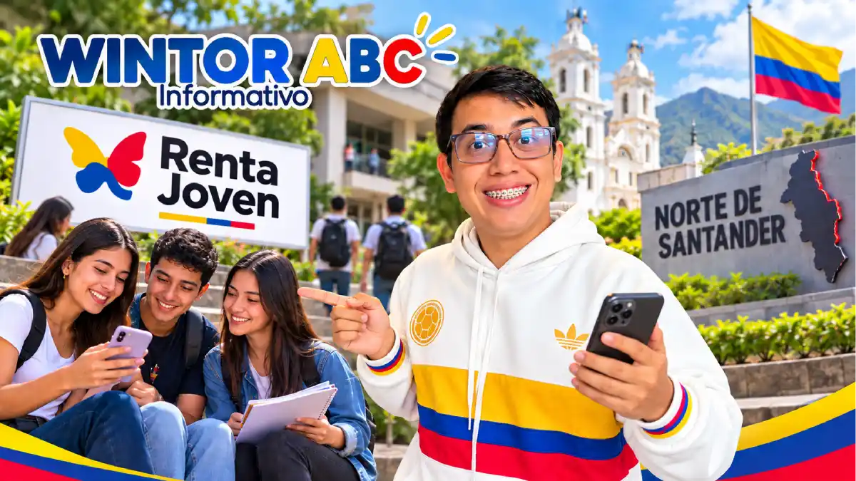 Wintor ABC señala a estudiantes universitarios mientras sostiene un celular, en una imagen sobre los pagos de Renta Joven en Norte de Santander.