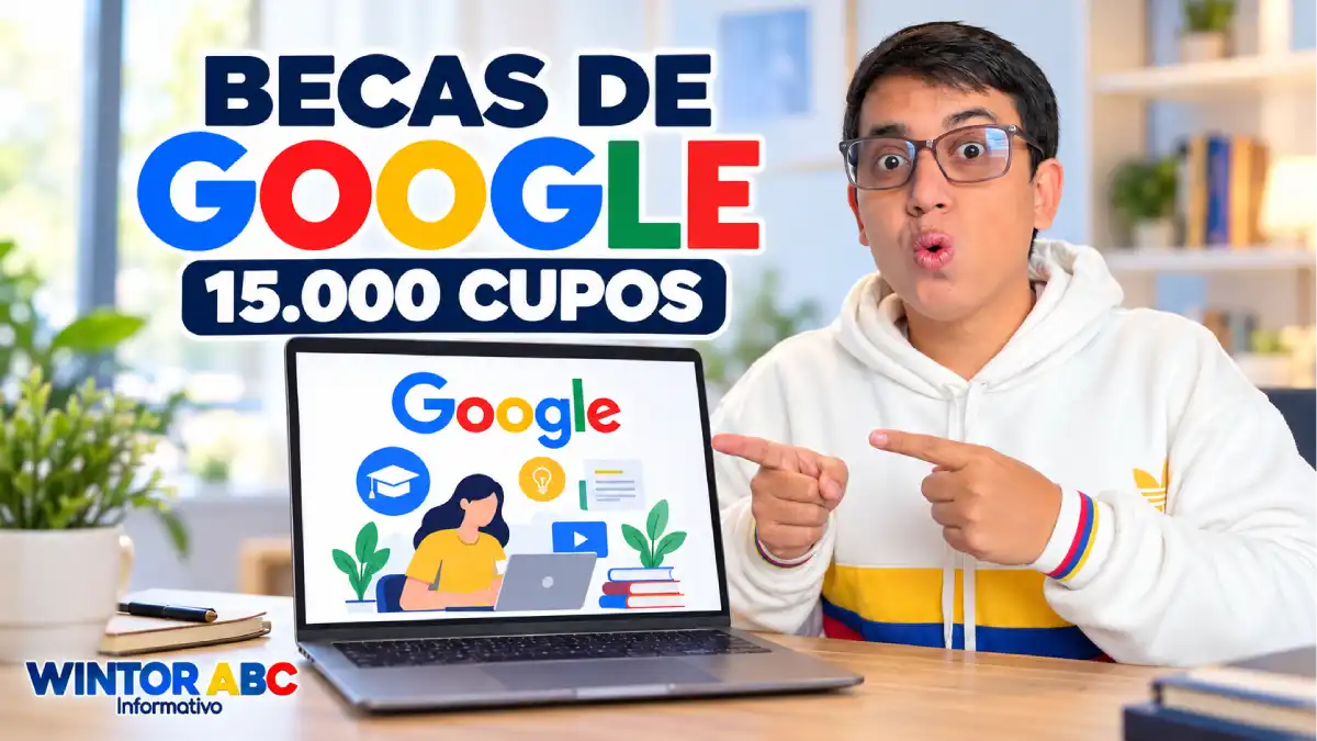 Google abre 15.000 becas en Colombia: requisitos y cómo postularse 1 Wintor ABC señala un computador junto al anuncio de 15.000 becas de Google.