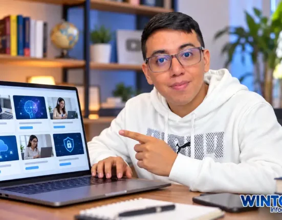 Wintor ABC señala un computador con una imagen ilustrativa de cursos virtuales de tecnología.