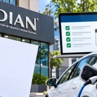 Vehículo eléctrico conectado a un cargador frente a la DIAN, entidad que anunció cambios para solicitar la devolución del IVA de carros híbridos y eléctricos.