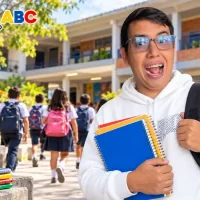 Wintor ABC con buzo blanco, morral y cuadernos, frente a un colegio con estudiantes al fondo.