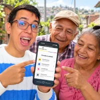 Wintor ABC muestra desde un celular el nuevo portal de consultas de Prosperidad Social a un grupo de adultos mayores en un barrio colombiano.