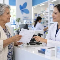 Adulta mayor con una fórmula médica frente a un punto de entrega de medicamentos.