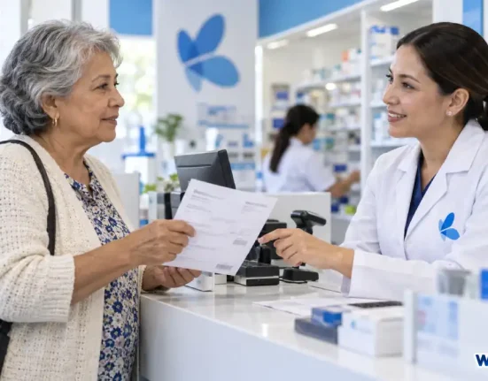 Adulta mayor con una fórmula médica frente a un punto de entrega de medicamentos.